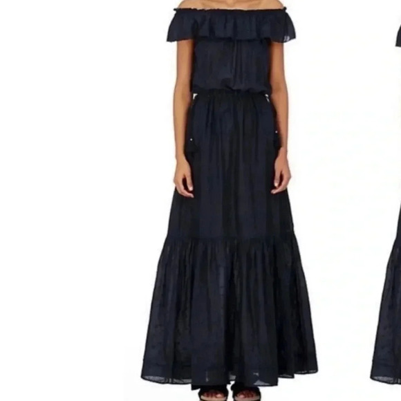 Ulla Johnson Barney’s Navy Blue Off the Shoulder Smocked Eyelet Maxi Dress Sz 0 - Picture 2 of 11